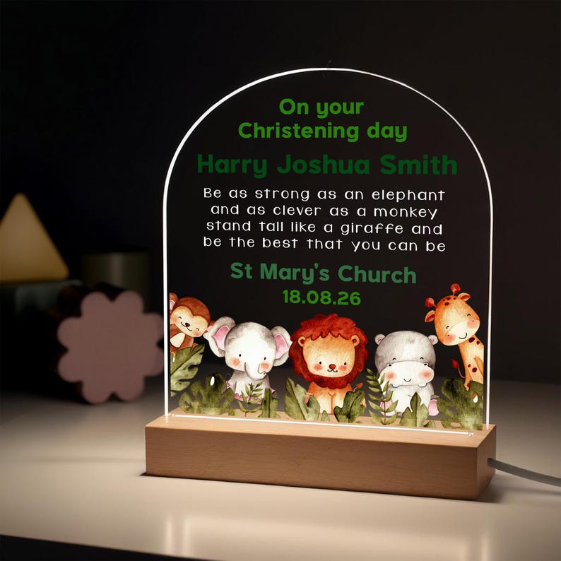 Personalised Christening Gifts For Boys, Jungle Nursery Night Light image 1