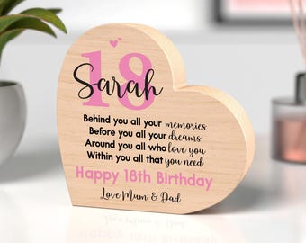 May include: A heart-shaped wooden plaque with the name "Sarah" and the number "18" in pink. The plaque includes a birthday message and the words "Happy 18th Birthday" in pink, with "Love Mum & Dad" at the bottom.