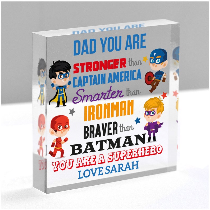 Daddy Hero Gifts, Personalised Superhero Gifts for Dad Daddy Grandad, Fathers Day Gifts From Son Daughter Kids, Clear Blocks With Grey Bag image 1