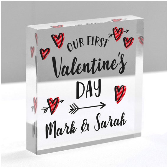 Regalos para el primer día de San Valentín para novia, novio,  personalizado, nuestro primer día de San Valentín, regalos para parejas,  bloques transparentes con bolsa gris -  España