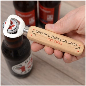 First 1st Fathers Day Gifts - Personalised Wooden Bottle Opener for New Daddy Grandad - From Son Daughter Baby - Fathers Day Beer Gifts