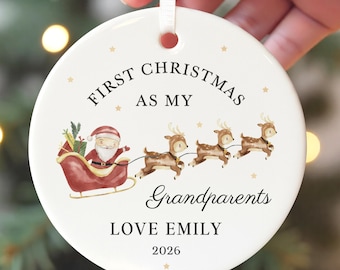 First Christmas As Grandparents Ornament, Personalised New Grandchild Bauble With Red Bag