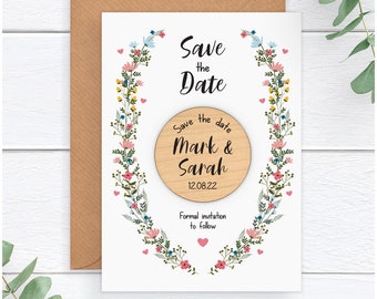 Spring Summer Wedding Save The Date Magnets - Personalised Floral Save The Date Rustic Wood Fridge Magnets - Unique Wedding Stationary Ideas