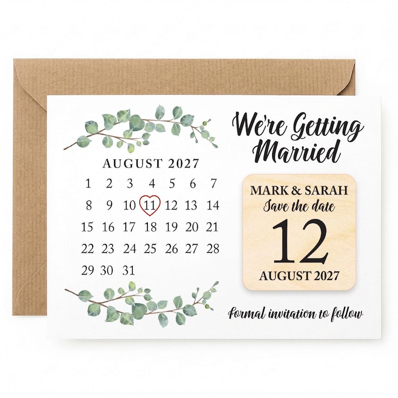 May include: A save-the-date card with a calendar highlighting August 12, 2027, with a heart around the 11th. The card features the text "We're Getting Married" and "Mark & Sarah Save the date 12 August 2027". Includes a brown envelope.