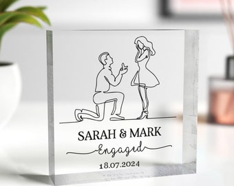 Engagement Line Art Gift, Personalised Engagement Gifts for Couples, Engagement Date, On Bended Knee, Engaged Couple, With Grey Bag