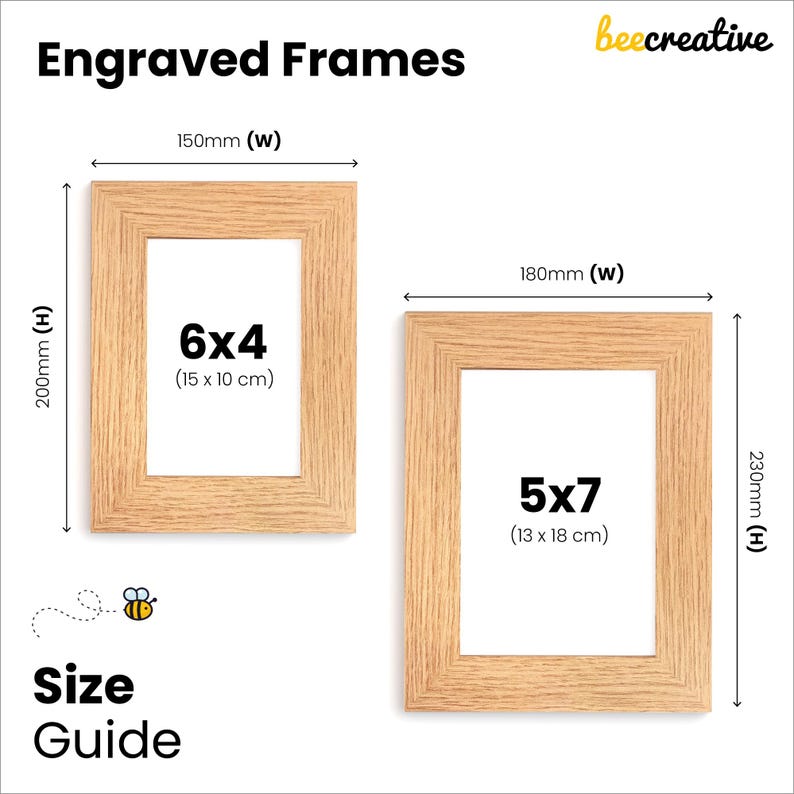 May include: Two wooden engraved frames, one 6x4 inches and the other 5x7 inches, are displayed with size dimensions. The frames are light brown with white interiors. The text "Engraved Frames" and "Size Guide" are also present.