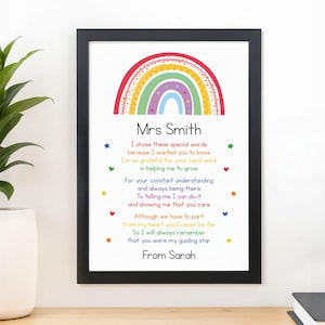 Rainbow Teacher Gifts, Personalised Nursery Teacher Gift, Teaching Assistant TA, Childminder Gifts, End Of Year, A5 A4 Print Frame