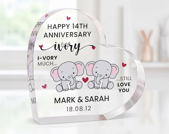 Personalised 14th Wedding Anniversary Gifts For Couples, Heart Ornament With Grey Bag