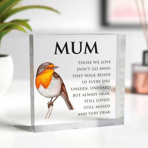 Robin Memorial Gifts, Those We Love Don't Go Away Clear Acrylic Ornament With Grey Bag