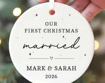 Our First Christmas Married 2026 Ornament, Personalised Mr & Mrs Bauble With Red Bag