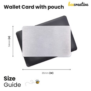 May include: A silver wallet card, 85mm wide and 54mm high, rests on a black pouch. The words "Wallet Card with pouch" and "Size Guide" are displayed. The beecreative logo is in the upper right corner.