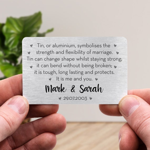Personalised 10th Wedding Anniversary Gift, Tin Anniversary Metal Wallet Card Keepsake