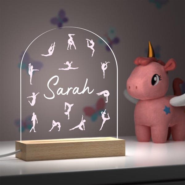 Personalised Gymnastics Girls Bedroom Night Light Gifts; Custom LED Lamp With Any Name