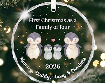 First Christmas as Family of 4 Ornament; Personalised Mummy and Daddy Bauble With Gift Bag