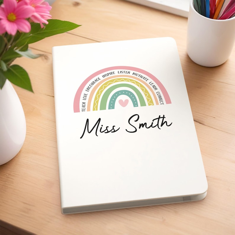 Rainbow Teacher Notebook, Personalised Teachers A5 White Notebook & Pen image 4