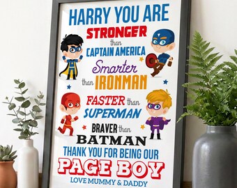 Personalised Page Boy Gifts, A5 A4 Superhero Print Wooden Frame