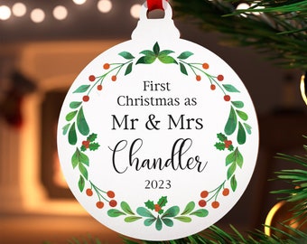 Personalised First Christmas as Mr and Mrs Married Christmas Bauble Decoration With Red Bag