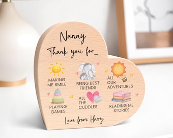 Nanny Gift From Baby; Personalised Beech Wood Heart With Grey Bag