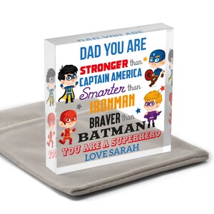 Daddy Hero Gifts, Personalised Superhero Gifts for Dad Daddy Grandad, Fathers Day Gifts From Son Daughter Kids, Clear Blocks With Grey Bag image 3