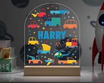Personalised Cars and Vehicles Bedroom Light Decor; Custom Boys Nursery LED Lamp With Any Name