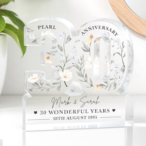 Personalised 30th Pearl Wedding Anniversary Gifts; Acrylic 30 Keepsake Ornament With Grey Bag