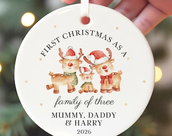 First Christmas As Family of 3 Three Ornament, Personalised New Baby With Red Bag