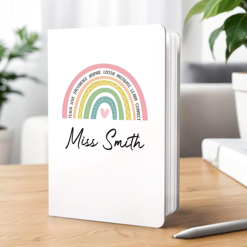 Rainbow Teacher Notebook, Personalised Teachers A5 White Notebook & Pen image 3