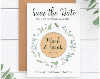 Wedding Save The Date Magnet Ideas - Personalised Rustic Wooden Save The Date Fridge Magnets - Eucalyptus Spring Summer Wedding Stationary