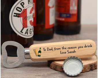 Wooden Beer Bottle Opener for Dad, Daddy, Grandad, Him, Men - Personalised Birthday Gift for Him - Fathers Day Gifts for Dad - Beer Lovers