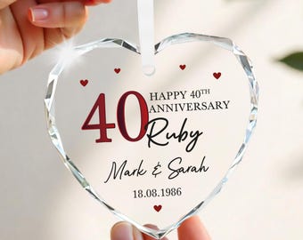 Personalised 40th Ruby Wedding Anniversary Gift, Custom Crystal Glass Plaque Ornament With Gift Bag