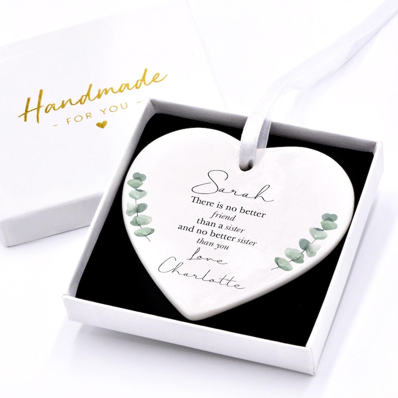 Personalised Sister Gifts From Sister, Custom Ceramic Sisters Ornament With Gift Bag image 2