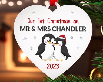 Personalised Mr and Mrs Christmas Decoration Gifts, First Christmas as Mr & Mrs Ornament, 1st Christmas Husband, Penguin Couple With Red Bag