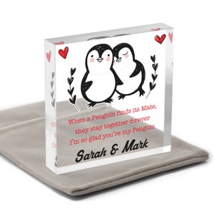 I'm So Glad You're My Penguin- Personalised Penguin Gift for Boyfriend Girlfriend Husband Wife - Valentine Gift - Clear Blocks With Grey Bag