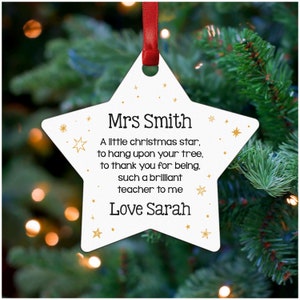 Personalised Star Christmas Bauble Teacher, Teaching Assistant Nursery Xmas Gift, Wooden Christmas Ornament, Xmas Gift Teacher With Red Bag