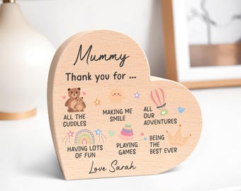 Mummy Gifts From Baby Son Daughter; Personalised Wood Heart With Grey Bag