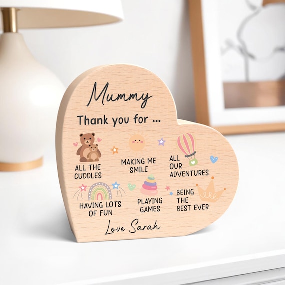 Mummy Gifts From Baby Son Daughter; Personalised Wood Heart With Grey Bag