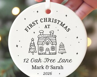 Personalised First Christmas in New Home Decoration, Road Name Family Home Ornament With Red Bag