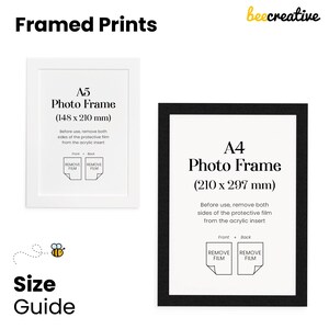 Peut inclure: Guide des tailles pour cadres photo, montrant un cadre A5 blanc mesurant 148 x 210 mm et un cadre A4 noir mesurant 210 x 297 mm. Les deux cadres comportent des instructions pour retirer le film protecteur avant utilisation.