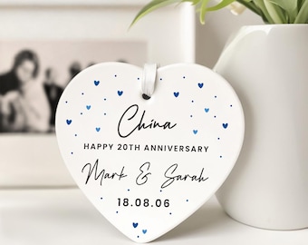 Personalised 20th Wedding Anniversary Gift, Hanging Ceramic Ornament With Gift Bag