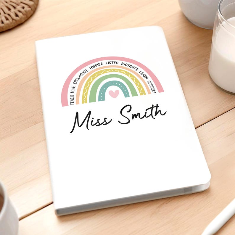 Rainbow Teacher Notebook, Personalised Teachers A5 White Notebook & Pen image 5