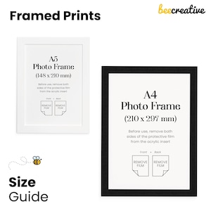 Op de afbeelding: Een witte A5 fotolijst van 148 x 210 mm en een zwarte A4 fotolijst van 210 x 297 mm. Beide lijsten bevatten instructies om de beschermfolie van de acrylplaat te verwijderen, met een bij-icoon en de tekst beecreative.