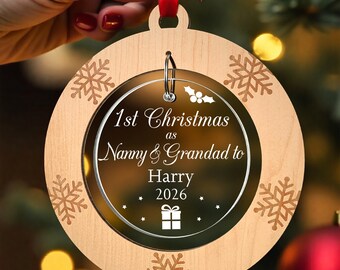 First Christmas as Nanny & Grandad Ornament, Personalised New Grandparents With Red Bag