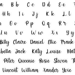 May include: A white background displays a black, handwritten font alphabet, both uppercase and lowercase, and a list of names. The names include Adam, Billy, Claire, Daniel, Ellie, Frank, George, Harry, Izabella, Jack, Katy, Louise, Matt, and Natalie.