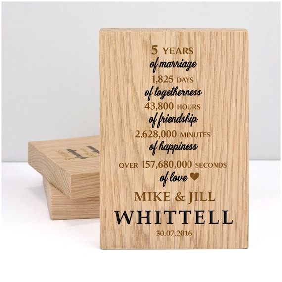 5th Wedding Anniversary, Personalised Wood Anniversary, 5th Anniversary Gift  for Husband Wife, 5 Years, 5th Anniversary, Gifts From Wife 