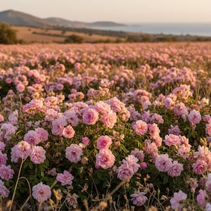 Könnte beinhalten: Ein weites Feld aus blühenden hellrosa Rosen im sanften goldenen Licht des Sonnenuntergangs. Die Rosensträucher sind dicht mit zahlreichen geschichteten Blütenblättern, grünen Blättern und Stängeln besetzt und erstrecken sich bis zur Küste.
