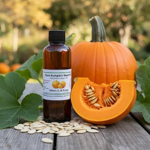 Pumpkin Seed Oil outdoor product image with large pumpkin
