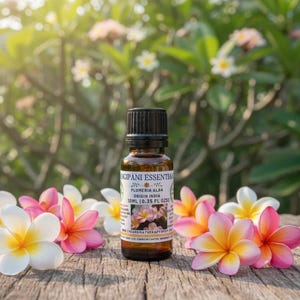 May include: A brown glass bottle of essential oil with a black cap, labelled "ICIPANI ESSENTIALS". The bottle is surrounded by colourful plumeria flowers with white, yellow, and pink petals, on a wooden surface.