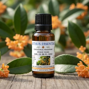 Może przedstawiać: Brązowa szklana butelka olejku eterycznego z czarną zakrętką, z etykietą "Osmanthus Fragrans Origin China". Butelka otoczona jest zielonymi liśćmi i pomarańczowymi kwiatami, z napisem "10ml (0,35 fl ozs)."