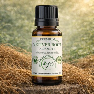 Könnte beinhalten: Eine braune Glasflasche mit schwarzem Deckel, beschriftet mit "Premium Vetiver Root Absolute". Das Etikett enthält den Text "The Aromatherapy Shop" und "Vetiveria Zizanioides". Die Flasche steht vor einem unscharfen natürlichen Hintergrund.
