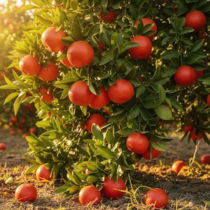 Op de afbeelding: Een citrusboom vol met talrijke ronde, feloranje vruchten die aan groene, bladerrijke takken hangen. Verschillende gevallen sinaasappels liggen op de droge, zonnige grond onder de boom, terwijl zacht gouden zonlicht door het gebladerte schijnt.